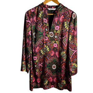 Trina Turk Womens Sz 4 Paisley Floral Tunic Top Black Pink Multicolor V-Neck